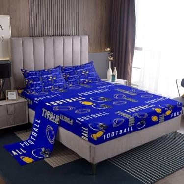 Imagem de jejeloiu Jogo de lençol casal de futebol americano Los Angeles para decoração de quarto de meninos e meninas adolescentes com bolsos profundos de 40 cm, azul, amarelo, macio, feminino e masculino