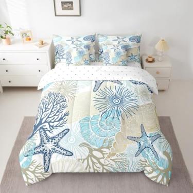 Imagem de jejeloiu Conjunto de edredom para meninos e meninas, tamanho Queen, azul, coral tropical, para todas as estações, para crianças, mulheres, homens, cama com edredom, lençóis, fronhas e capa de almofada