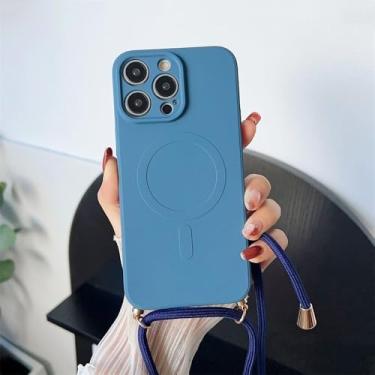 Imagem de Capa de silicone com alça de pescoço magnética e carregamento sem fio para iPhone 15, 11, 12, 13, 14 Pro Max, Mini 8 Plus, X, XS, XR, azul, para iPhone 16 Plus
