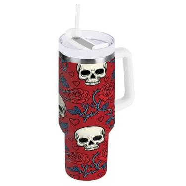 Imagem de Wassud Copo de rosas de caveira com alça e tampa de canudo copo isolado garrafa de água de aço inoxidável à prova de vazamento caneca de viagem presentes para mulheres 1,134 g