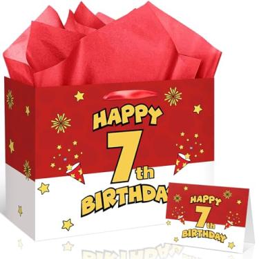 Imagem de Woosytoo Saco de presente de aniversário de 7 anos de desenho vermelho e branco com papel de embrulho e cartão comemorativo