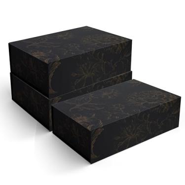Imagem de Sorarto Caixa de presente de lembrança de luxo pacote com 3 | Caixas decorativas florais em ouro preto com tampas magnéticas para presentes, caixa de memória de casamento e presentes de noiva. 34,3 cm
