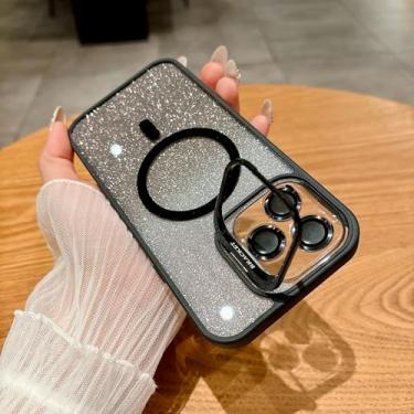 Imagem de HJZSZX Capa protetora de lente de vidro com suporte magnético e à prova de choque para iPhone 16 Plus (preta)