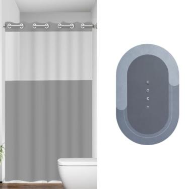 Imagem de Kit Cortina de Banho PVC Impermeável Cinza com Ilhóis e Tapete Oval Mágico Neoprene Antiderrapante Absorvente Secagem Rápida para Banheiro