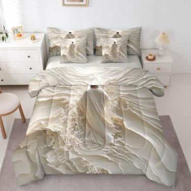 Imagem de Manfei Conjunto de edredom abstrato de Deus, roupa de cama ocidental para caminhar na água, luz divina espiritual bíblica, decoração para crianças de todas as estações, bege (elástico + lençol + 2