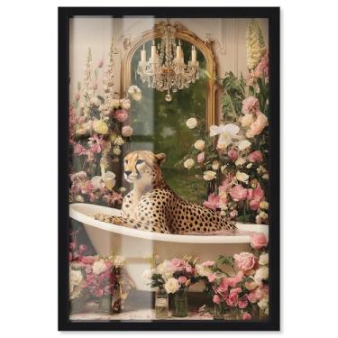 Imagem de Cheetah in Spring Bathroom Shadowbox Print Bathroom Wall Art por Art Remedy, moldura preta, 28 x 40 cm