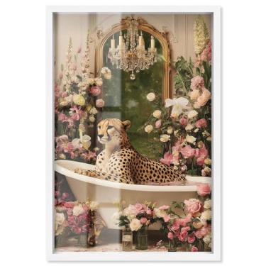 Imagem de Cheetah in Spring Bathroom Shadowbox Print Bathroom Wall Art por Art Remedy, moldura branca, 43 x 63 cm