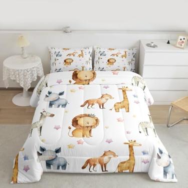 Imagem de Feelyou Jogo de cama solteiro com desenho de animais fofos, girafa, leão, girafa, zoológico, para quarto de crianças, meninos, meninas, vida selvagem, ultramacio, respirável