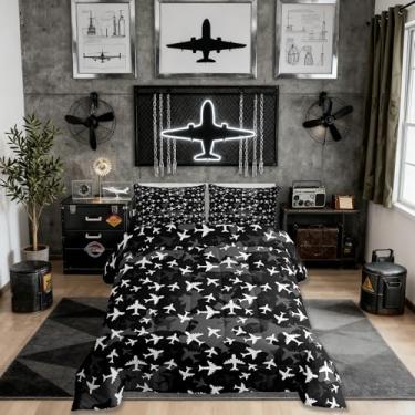 Imagem de Conjunto de edredom infantil de avião, tamanho Queen, conjunto de cama de aeronave ocidental americana, decoração de quarto de meninas e meninos, edredom de aviação camuflado, preto, branco, cinza