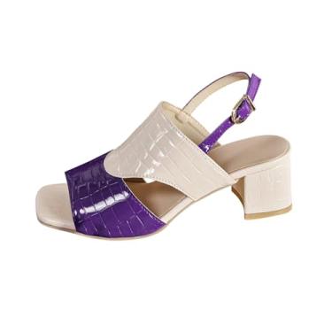 Imagem de Sandália feminina fashion casual primavera e verão confortável combinando cores bico quadrado bico aberto fivela uma linha salto grosso salto alto, Roxa, 34