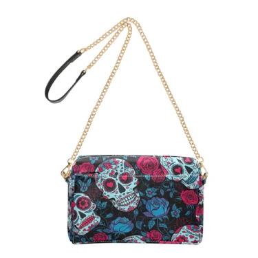Imagem de Bolsa feminina transversal, bolsa para celular, alça de corrente, bolsa de ombro de couro PU, caveiras de açúcar, vermelho, azul, rosas, escuras