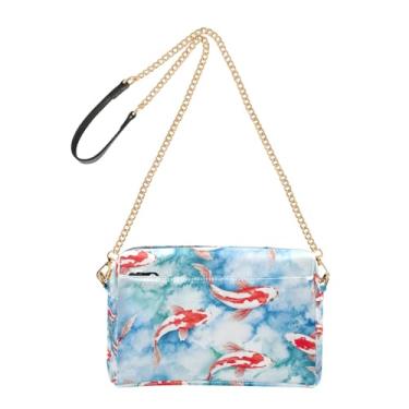 Imagem de Bolsa feminina transversal para telefone fofa aquarela vermelha Koi peixe animal PU bolsa de ombro com alça de corrente