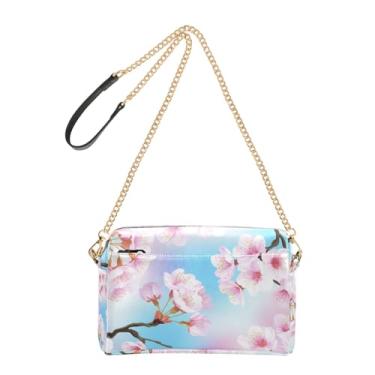 Imagem de Bolsa feminina transversal para celular bolsa de ombro de couro PU com alça de corrente flores de cerejeira rosa pastel