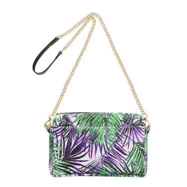 Imagem de Joitme Bolsa tiracolo feminina verde roxa com folhas de palmeira para celular com alça de corrente de couro PU
