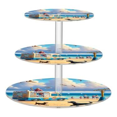 Imagem de Suporte de cupcake para festa de chá, 3 camadas, redondo, torre de cupcake, decoração de mesa, bandeja de comida, suprimentos de festa, rosa, aniversário, casamento, verão, litoral, praia