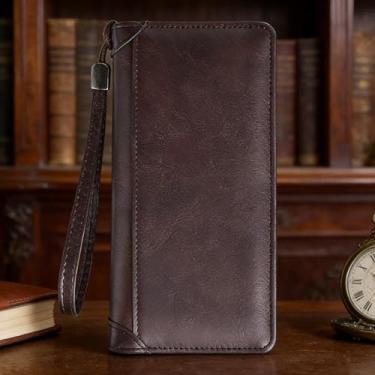 Imagem de Carteira masculina, carteira de couro longa casual segura com botão de pressão e zíper, organizador funcional de grande capacidade para itens essenciais diários (café escuro)