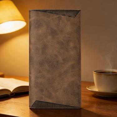 Imagem de Carteira masculina retrô marrom claro vertical de microfibra fosca de grande capacidade, design vertical retrô com fecho de pressão, microfibra de grão fosco e grande capacidade