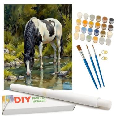 Imagem de Kit de pintura animal por números para adultos – Pintura DIY de cavalo na floresta em tela enrolada 40 x 50 cm, conjunto de tinta acrílica, adequado para iniciantes, arte para decoração de casa ou