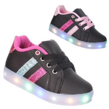 Imagem de Tênis Led Luz Glitter Feminino infantil meninas Preto Rosa - PC, Preto