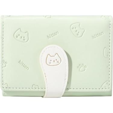Imagem de Carteira pequena de couro PU dobrável com porta-cartões de identidade para mulheres, Verde, Gato fofo
