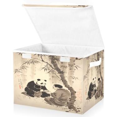 Imagem de Blueangle Cestos de armazenamento de bambu panda chinês com tampas, 42 x 32 x 30 cm, grande cesta organizadora dobrável para decoração de escritório e armário (256)