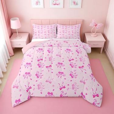 Imagem de Erosebridal Jogo de cama casal com laço rosa fofo | Conjunto de edredom com laço de princesa rosa para meninas e crianças, colcha de gravata borboleta kawaii, decoração de quarto, 2 fronhas