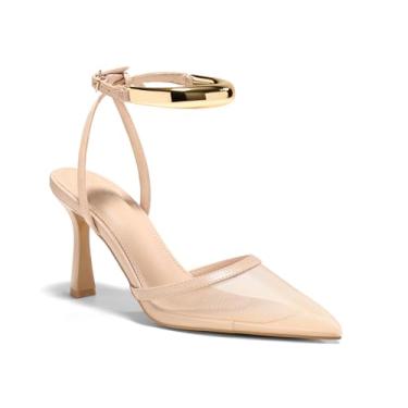 Imagem de Coutgo Sapato social feminino com tiras de salto alto fechado bico fino tira no tornozelo metal festa, Malha cáqui, 36