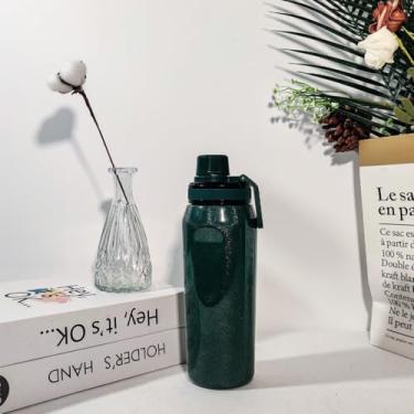 Imagem de Garrafa Térmica 500ml em Aço Inoxidável com Glitter Mantém Quente e Frio, Tampa Rosqueável com Alça, Garrafa Térmica Portátil para Água, Café e Bebidas (VERDE ESCURO)
