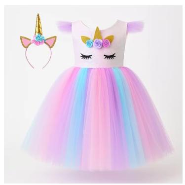 Imagem de Vestido Fantasia Unicórnio Infantil com Tiara, Tecido Premium, Tule Colorido Arco-Íris, Tamanho M, 4-6 Anos