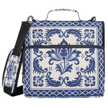 Imagem de SEHANY Fichário de zíper azul e branco com alça de ombro, capacidade para 500 folhas, vários bolsos, fichário com 3 anéis com zíper de 3 cm