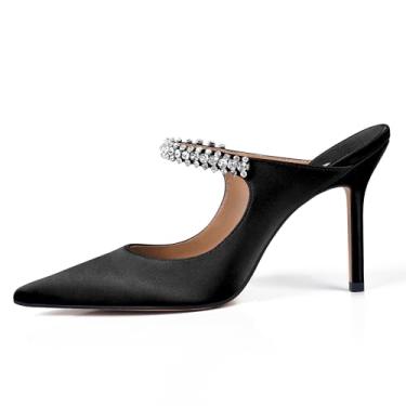 Imagem de XINIUNIU Sandálias femininas de salto alto com strass bico fino sem cadarço de 10 cm stiletto bico fechado sapatos de casamento, Cetim preto, 42