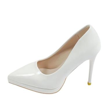 Imagem de Salto alto fino de cor sólida para mulheres com detalhe de tira, salto sem cadarço versátil para estilo casual e retrô, Branco, 36