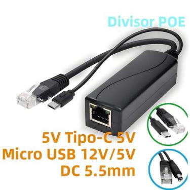 Imagem de Splitter POE De 48V Para 5V 12V Com Conector Micro USB Tipo-C E Jack C