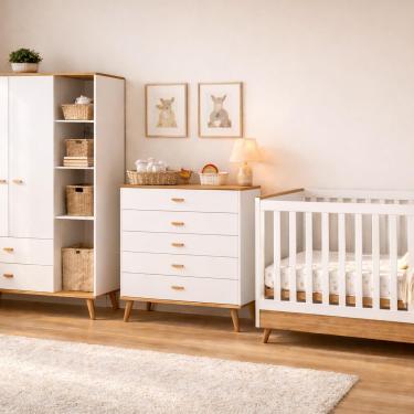 Imagem de Conjunto Infantil Bartira Ternura: Guarda-Roupa, Cômoda, Berço 2 em 1 e Colchão Herval D18