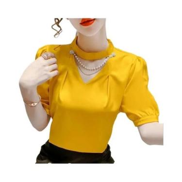 Imagem de Blusa Feminina Casual De Verão Com Manga Bufante, Gola O E Detalhes Em