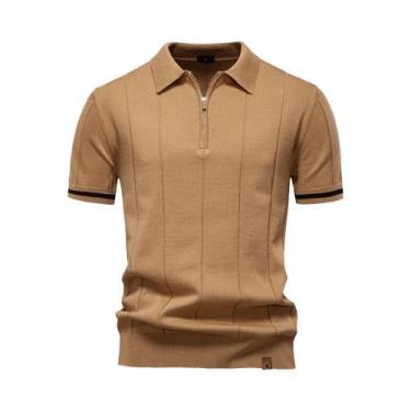 Imagem de Camisa Polo Masculina Slim Fit De Cor Sólida Com Zíper AIOPESON Para A