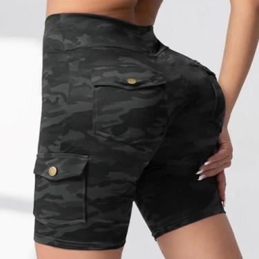 Imagem de Shorts Femininos Camuflados Com Bolsos, Efeito Levanta Bumbum E Contro