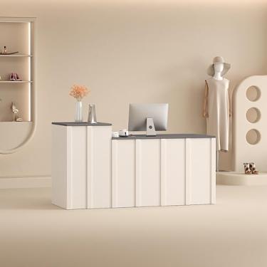 Imagem de Mesa de recepção de madeira moderna com bandeja de teclado e gaveta com trava, elegante recepção para salão, escritório e saguão, preto e branco, 100 x 45 x 95 cm