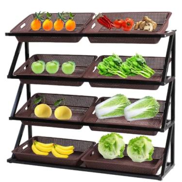 Imagem de Organizador comercial de prateleira de frutas e vegetais de supermercado de 4 camadas, expositor de lanche de grande capacidade com 8 cestos - ideal para cebolas, batatas e lojas de conveniência de