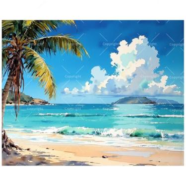 Imagem de TAOPAOLAB Kit de pintura de praia tropical por números para adultos – Pintura DIY de palmeiras e ondas do oceano em tela 40,6 x 50,8 cm, conjunto de tinta acrílica, adequado para iniciantes, decoração