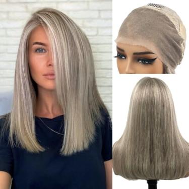 Imagem de Peruca de cabelo humano sem cola com destaque frontal loiro acinzentado, corte sem corte, pré arrancado, ombré, balayage, castanho acinzentado, curto, bob, liso, 13x4, UHD Lace Front 12AReal perucas