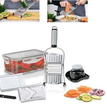 Imagem de Fatiador Cortador Multifuncional Em Inox Ralador Com Pote 9 Peças Vegetais Alho Cebola Queijo