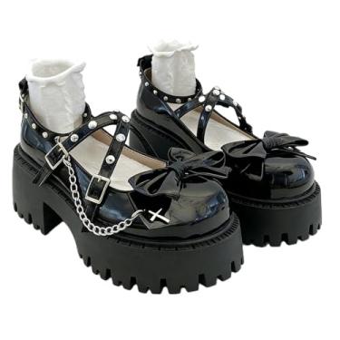 Imagem de Tênis feminino punk Mary Jane plataforma com corrente de laço rebite, casual, couro gótico, preto, bico redondo, salto grosso, jeans, saias para Halloween, viagem, festa, cosplay, encontros, - Estilo
