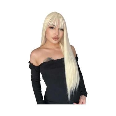 Imagem de Peruca Sintética Longa E Lisa Preta Com Franja, Resistente Ao Calor, M