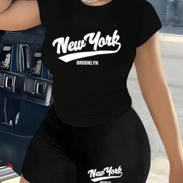 Imagem de Kit Conjunto Camiseta Shorts Feminino New York Brooklyn Academia Trein