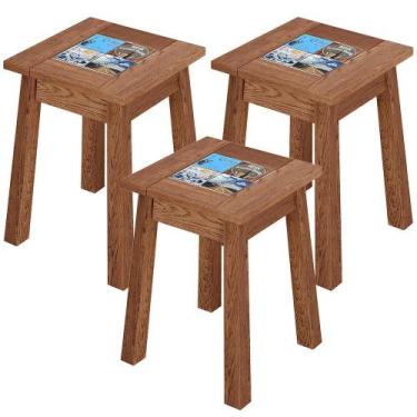 Imagem de Kit 03 Banquetas Baixas De Madeira Maciça Pinus Rústica Com Cerâmica V