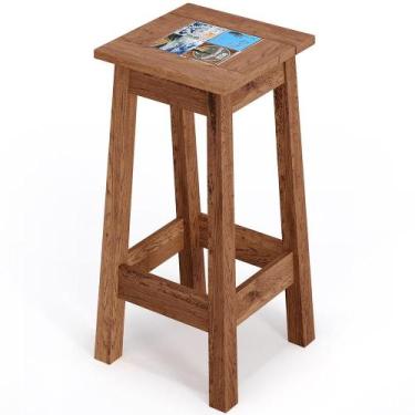 Imagem de Banqueta Alta De Madeira Maciça Pinus Rústica Com Cerâmica Vintage W02