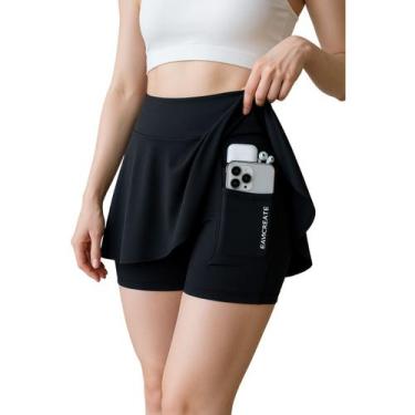 Imagem de Saia Shorts Fitness Feminina com Bolso Embutido Cintura Alta - - anjo 