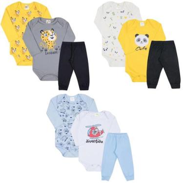 Imagem de Kit Roupa de Bebe 9 Peças Body Manga Longa Estampado e Calça Mijão Alg