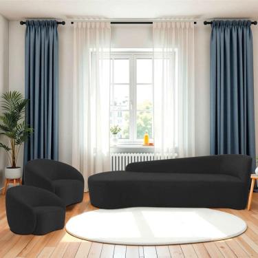 Imagem de Kit Divã Recamier Orgânico França 200cm Lado Esquerdo E 2 Poltronas Amore Bouclé Preto
